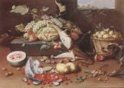 Jan Van Kessel the Younger Still life of a watermelon,pears,grapes and melons,plums,apricots and pears in a basket,with a dog surprising a monkey and fraises-de-bois spilling ou Germany oil painting art